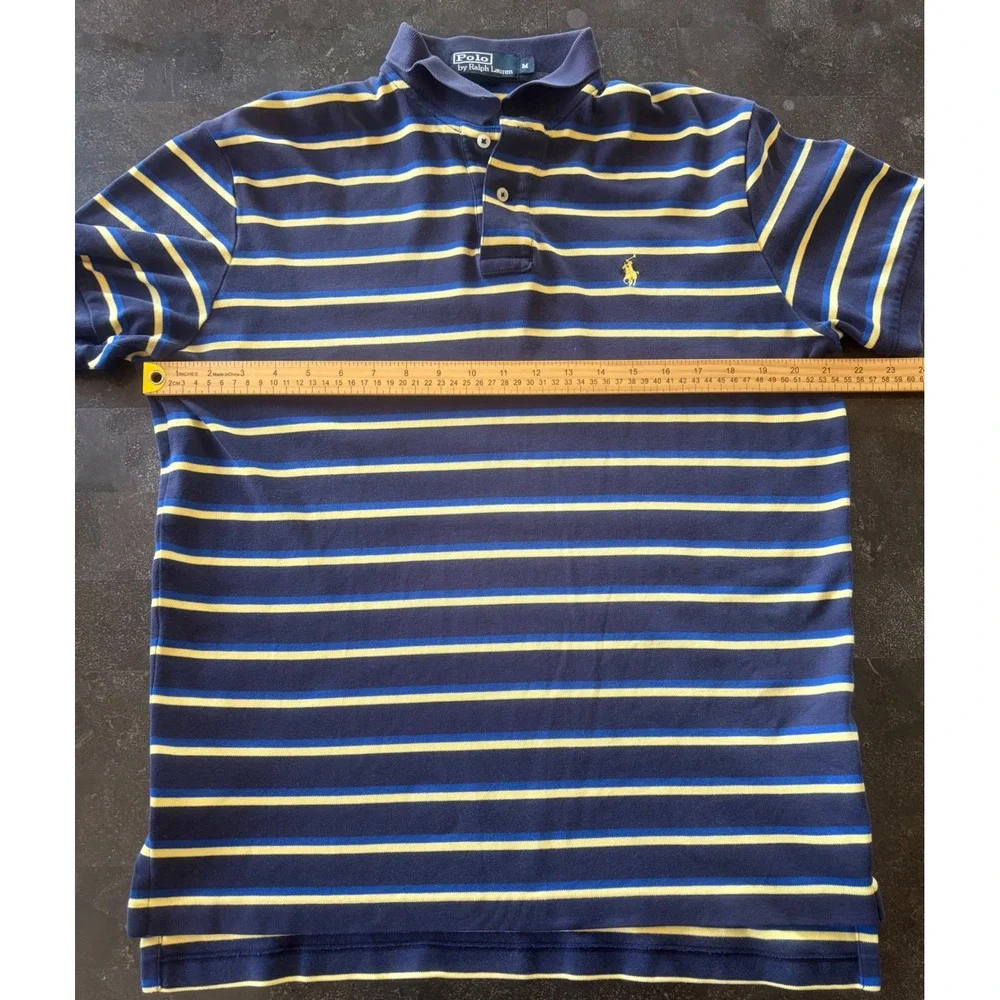 Polo Ralph Lauren Mens Medium Navy Blue Yellow Striped Short Sleeve Polo Shirt